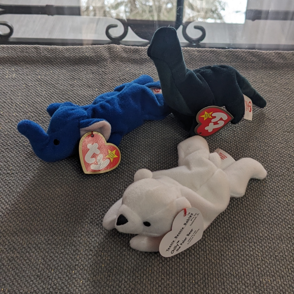 3 Beanie Babies: Elephant, Dinosaur, & Polar Bear Set